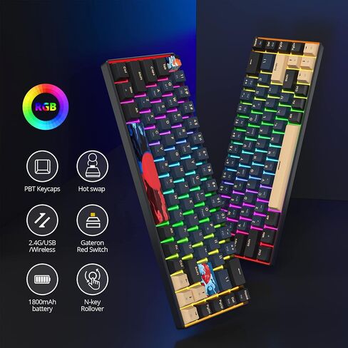 لوحة مفاتيح الألعاب الميكانيكية اللاسلكية surmen GT68، قابلة للتبديل السريع بنسبة 60% و68 مفتاحًا Bluetooth5.0/2.4G/لوحة مفاتيح سلكية للألعاب مع مفاتيح سهم/تحكم مستقلة (Gateron Yellow، Sound Wave 68) in Kuwait