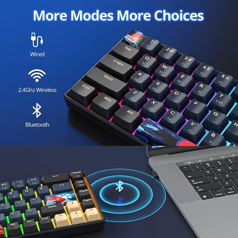لوحة مفاتيح الألعاب الميكانيكية اللاسلكية surmen GT68، قابلة للتبديل السريع بنسبة 60% و68 مفتاحًا Bluetooth5.0/2.4G/لوحة مفاتيح سلكية للألعاب مع مفاتيح سهم/تحكم مستقلة (Gateron Yellow، Sound Wave 68) in Kuwait