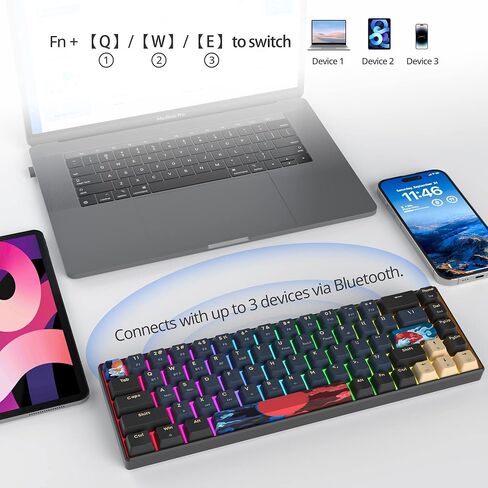 لوحة مفاتيح الألعاب الميكانيكية اللاسلكية surmen GT68، قابلة للتبديل السريع بنسبة 60% و68 مفتاحًا Bluetooth5.0/2.4G/لوحة مفاتيح سلكية للألعاب مع مفاتيح سهم/تحكم مستقلة (Gateron Yellow، Sound Wave 68) in Kuwait