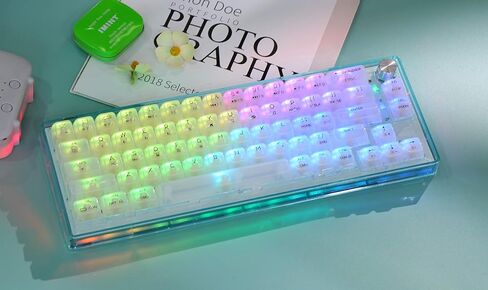 لوحة مفاتيح ألعاب لاسلكية MechLands MC66 65% قابلة للبرمجة RGB 2.4 جيجا هرتز/ بلوتوث/USB-C مع وسادة سيليكون مزدوجة ممتصة للصوت، بطارية 4000 مللي أمبير في الساعة لنظام Win/MAC/iOS (أبيض، مفتاح Budgerigar) in Kuwait