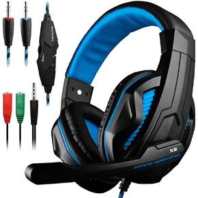 سماعة راس للالعاب من دي لاند 3.5 ملم بصوت جهوري ستيريو سلكية عازلة للضوضاء مع ميكروفون للابتوب والكمبيوتر والجوال وبلاي ستيشن 4 وما الى ذلك، تحكم في مستوى الصوت (اسود وازرق) in Kuwait