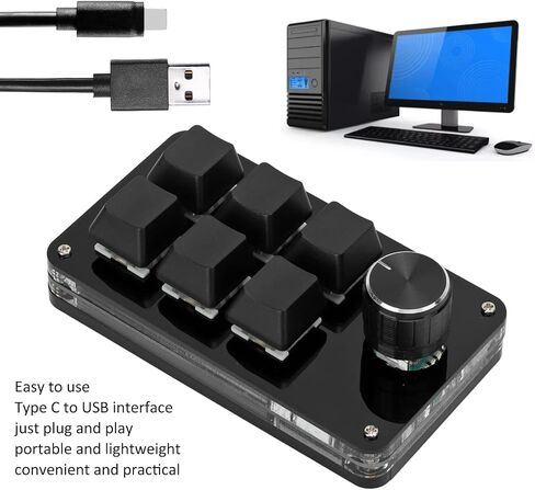 لوحة مفاتيح ألعاب ميكانيكية صغيرة ماكرو، 6 مفاتيح لوحة مفاتيح USB للكمبيوتر الشخصي بيد واحدة مع مقبض، وظيفة مخصصة للاختصار قابلة للبرمجة، لنظام التشغيل Windows، لنظام التشغيل Vista (أسود كامل) in Kuwait