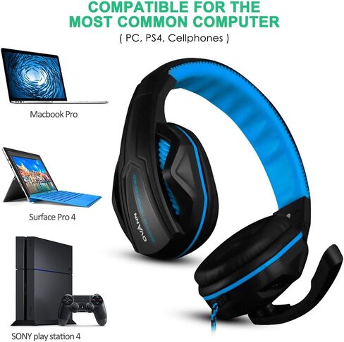 سماعة راس للالعاب من دي لاند 3.5 ملم بصوت جهوري ستيريو سلكية عازلة للضوضاء مع ميكروفون للابتوب والكمبيوتر والجوال وبلاي ستيشن 4 وما الى ذلك، تحكم في مستوى الصوت (اسود وازرق) in Kuwait