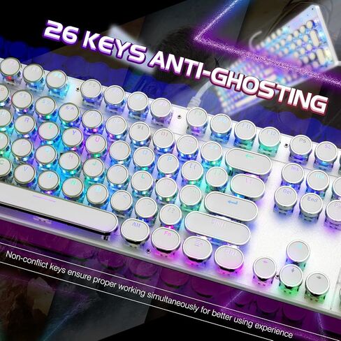 YSCP Typewriter Style Mechanical Gaming Keyboard RGB Backlit Wired with Blue Switch Retro Round Keycap 104 Keys Keyboard (R-White) in Kuwait