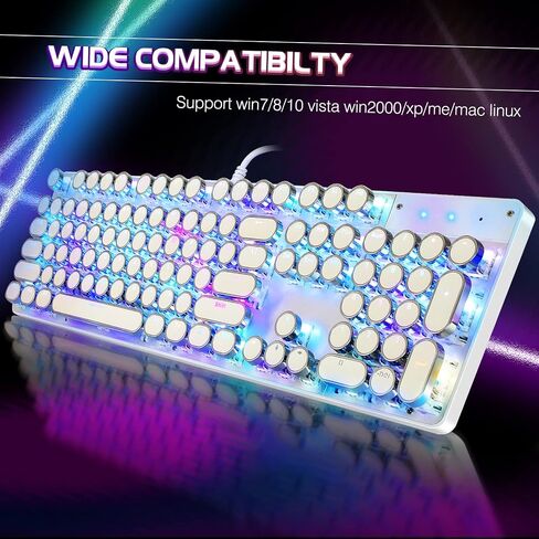 YSCP Typewriter Style Mechanical Gaming Keyboard RGB Backlit Wired with Blue Switch Retro Round Keycap 104 Keys Keyboard (R-White) in Kuwait
