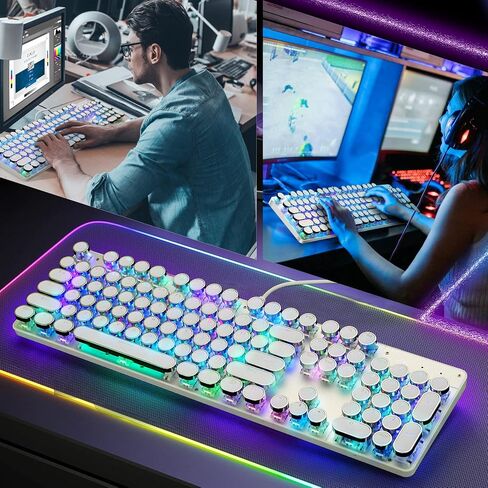 YSCP Typewriter Style Mechanical Gaming Keyboard RGB Backlit Wired with Blue Switch Retro Round Keycap 104 Keys Keyboard (R-White) in Kuwait