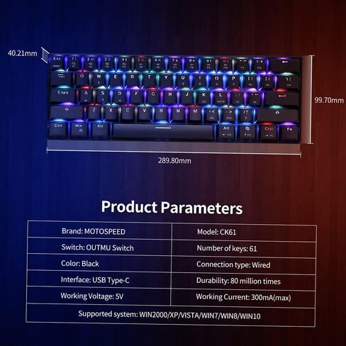 لوحة مفاتيح ERYUE CK61 RGB لوحة مفاتيح ميكانيكية للألعاب OUTMU باللون الأحمر، لوحة مفاتيح 61 مفتاحًا مضادة للظلال مع إضاءة خلفية للألعاب باللون الأسود in Kuwait