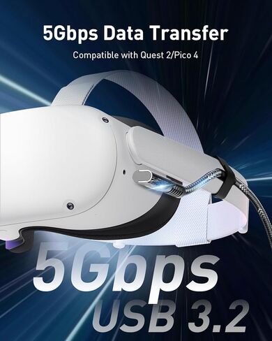 كابل ربط PRISMXR بطول 16 قدم متوافق مع ملحقات Oculus Quest 2/ Meta Quest Pro من النوع C إلى C 2 في 1 5 متر USB 3.2 للكمبيوتر/Steam VR، نقل بيانات الكمبيوتر بسرعة 5 جيجابت في الثانية (أسود) in Kuwait