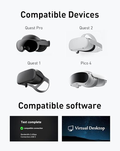 كابل ربط PRISMXR بطول 16 قدم متوافق مع ملحقات Oculus Quest 2/ Meta Quest Pro من النوع C إلى C 2 في 1 5 متر USB 3.2 للكمبيوتر/Steam VR، نقل بيانات الكمبيوتر بسرعة 5 جيجابت في الثانية (أسود) in Kuwait
