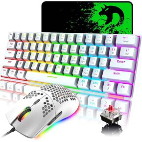 ماوس لوحة مفاتيح ميكانيكية سلكية بنسبة 60% للألعاب، Chroma RGB 12 LED بإضاءة خلفية من النوع C لاسلكية 61 مفتاحًا لوحة مفاتيح ألعاب مدمجة بلوتوث 5.0 مفتاح أحمر، ماوس ألعاب RGB 12000 نقطة في البوصة لألعاب الكمبيوتر المحمول (أبيض) in Kuwait