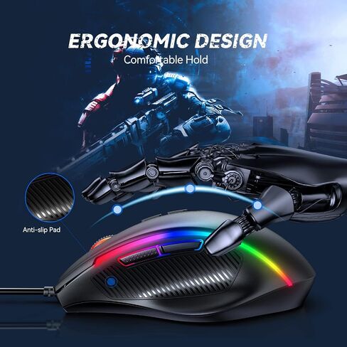 تيك نيت ماوس العاب سلكي، 6400 نقطة لكل بوصة، ماوس USB للكمبيوتر، 7 اوضاع قابلة للبرمجة مع 6 اضاءة خلفية RGB، 6 مستويات DPI للكمبيوتر/ويندوز/فيستا/لينكس in Kuwait
