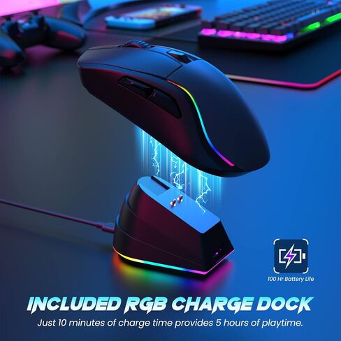 ماوس العاب لاسلكي مع قاعدة شحن مغناطيسية RGB خفيف الوزن ثلاثي الاوضاع 2.4G/USB-C/بلوتوث حتى 20000DPI 1000Hz 300IPS مع اضاءة خلفية كروما RGB و6 ازرار قابلة للبرمجة - بطارية 120 ساعة in Kuwait