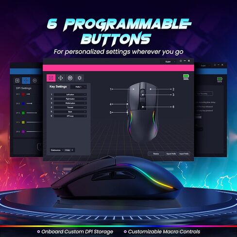 ماوس العاب لاسلكي مع قاعدة شحن مغناطيسية RGB خفيف الوزن ثلاثي الاوضاع 2.4G/USB-C/بلوتوث حتى 20000DPI 1000Hz 300IPS مع اضاءة خلفية كروما RGB و6 ازرار قابلة للبرمجة - بطارية 120 ساعة in Kuwait