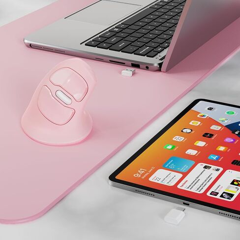 MicroPack Ergonomic Vertical Wireless Mouse, Silent Cordless Office Mouse with USB-A & Type-C Receiver, 800/1200/1600 DPI, 6 Buttons, Reduces Wrist Strain for Work, Windows, Mac, PC & Laptop Pink in Kuwait