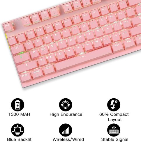 MOTOSPEED 2.4GHz Wireless/Wired Mechanical Gaming Keyboard White Backlit/Durable Battery,Type-C Gaming/Typist Keyboard for Mac/PC/Laptop(Pink, 87 Key Red Switches) in Kuwait