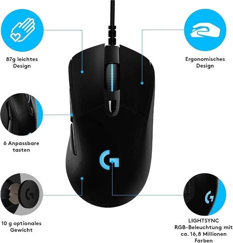 ماوس ألعاب سلكي من لوجيتك G403 Hero، مستشعر Hero 16K، 16000 نقطة في البوصة، مفاتيح بإضاءة خلفية RGB، أوزان قابلة للتعديل، 6 أزرار قابلة للبرمجة، ذاكرة على اللوحة، كابل مجدول، جهاز كمبيوتر/ماك/كمبيوتر محمول - أسود in Saudi Arabia