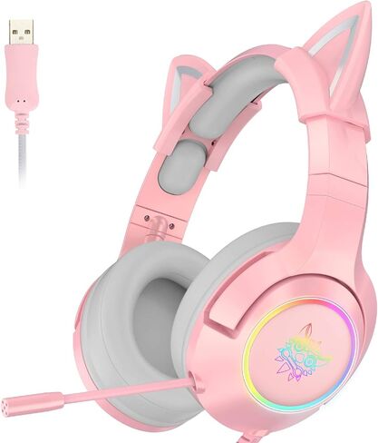 SIMGAL Pink Gaming Headset Only Compatible with PS4, PC, Computer and Laptop with 7.1 Virtual Surround Sound, Removable Cat Ear, Nose Canceling Retractable Microphone, USB Plug(No 3.5mm Plug) in Saudi Arabia