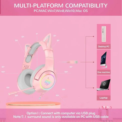SIMGAL Pink Gaming Headset Only Compatible with PS4, PC, Computer and Laptop with 7.1 Virtual Surround Sound, Removable Cat Ear, Nose Canceling Retractable Microphone, USB Plug(No 3.5mm Plug) in Saudi Arabia