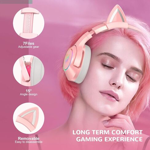 SIMGAL Pink Gaming Headset Only Compatible with PS4, PC, Computer and Laptop with 7.1 Virtual Surround Sound, Removable Cat Ear, Nose Canceling Retractable Microphone, USB Plug(No 3.5mm Plug) in Saudi Arabia