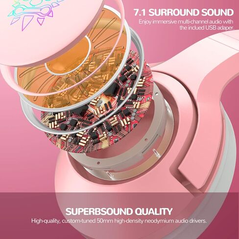 SIMGAL Pink Gaming Headset Only Compatible with PS4, PC, Computer and Laptop with 7.1 Virtual Surround Sound, Removable Cat Ear, Nose Canceling Retractable Microphone, USB Plug(No 3.5mm Plug) in Saudi Arabia