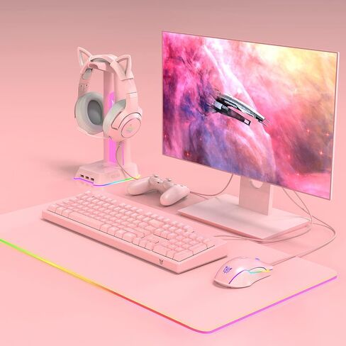 SIMGAL Pink Gaming Headset Only Compatible with PS4, PC, Computer and Laptop with 7.1 Virtual Surround Sound, Removable Cat Ear, Nose Canceling Retractable Microphone, USB Plug(No 3.5mm Plug) in Saudi Arabia