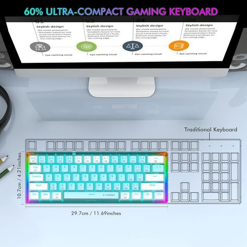E-YOOSO 60% Mechanical Keyboard, RED Switches Mechanical Gaming Wired Keyboard with RGB Backlit, Ultra-Compact 60 Percent Computer Keyboard for Windows, Mac OS (Blue White) in Kuwait