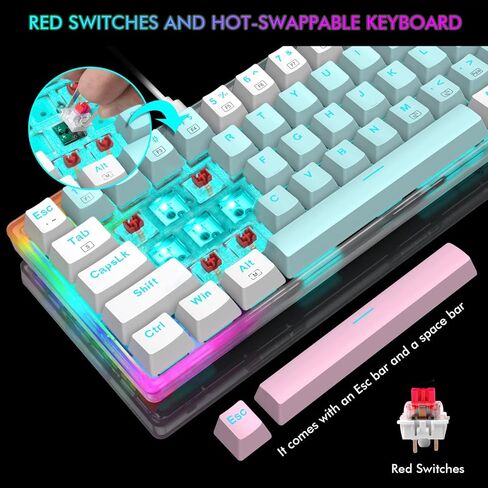 E-YOOSO 60% Mechanical Keyboard, RED Switches Mechanical Gaming Wired Keyboard with RGB Backlit, Ultra-Compact 60 Percent Computer Keyboard for Windows, Mac OS (Blue White) in Kuwait
