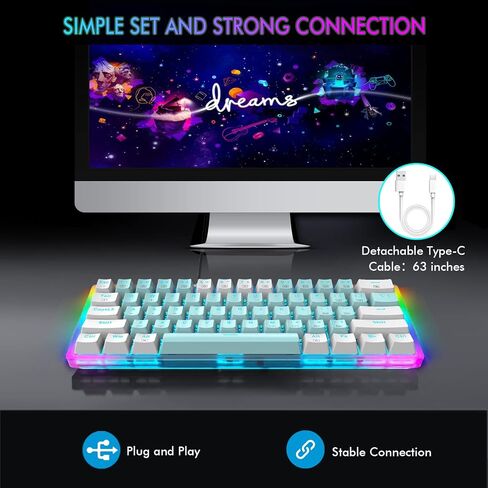 E-YOOSO 60% Mechanical Keyboard, RED Switches Mechanical Gaming Wired Keyboard with RGB Backlit, Ultra-Compact 60 Percent Computer Keyboard for Windows, Mac OS (Blue White) in Kuwait