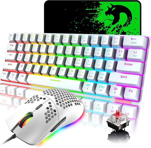 ماوس لوحة مفاتيح ميكانيكية سلكية بنسبة 60% للألعاب، Chroma RGB 12 LED بإضاءة خلفية من النوع C لاسلكية 61 مفتاحًا لوحة مفاتيح ألعاب مدمجة بلوتوث 5.0 مفتاح أحمر، ماوس ألعاب RGB 12000 نقطة في البوصة لألعاب الكمبيوتر المحمول (أبيض) in Kuwait