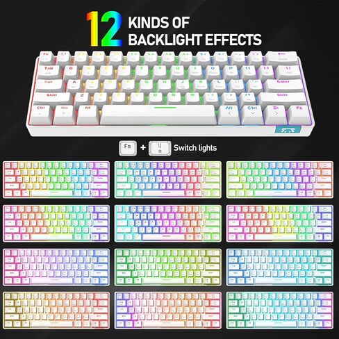 ماوس لوحة مفاتيح ميكانيكية سلكية بنسبة 60% للألعاب، Chroma RGB 12 LED بإضاءة خلفية من النوع C لاسلكية 61 مفتاحًا لوحة مفاتيح ألعاب مدمجة بلوتوث 5.0 مفتاح أحمر، ماوس ألعاب RGB 12000 نقطة في البوصة لألعاب الكمبيوتر المحمول (أبيض) in Kuwait