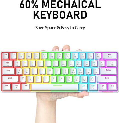 ماوس لوحة مفاتيح ميكانيكية سلكية بنسبة 60% للألعاب، Chroma RGB 12 LED بإضاءة خلفية من النوع C لاسلكية 61 مفتاحًا لوحة مفاتيح ألعاب مدمجة بلوتوث 5.0 مفتاح أحمر، ماوس ألعاب RGB 12000 نقطة في البوصة لألعاب الكمبيوتر المحمول (أبيض) in Kuwait