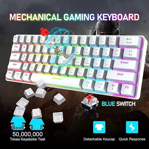 ماوس لوحة مفاتيح ميكانيكية سلكية بنسبة 60% للألعاب، Chroma RGB 12 LED بإضاءة خلفية من النوع C لاسلكية 61 مفتاحًا لوحة مفاتيح ألعاب مدمجة بلوتوث 5.0 مفتاح أحمر، ماوس ألعاب RGB 12000 نقطة في البوصة لألعاب الكمبيوتر المحمول (أبيض) in Kuwait