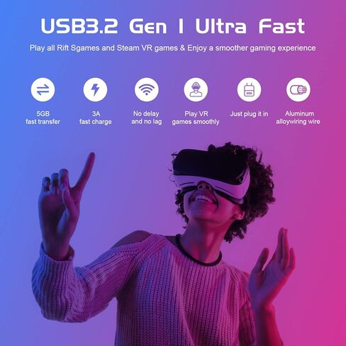 كابل VR Link متوافق مع سماعة الرأس Oculus Quest 2 / Quest 1 VR للألعاب، كابل توصيل بطول 10 أقدام للشحن السريع ونقل بيانات الكمبيوتر، كابل USB C 3.2 Gen1 لأجهزة الكمبيوتر الشخصية للألعاب in Kuwait