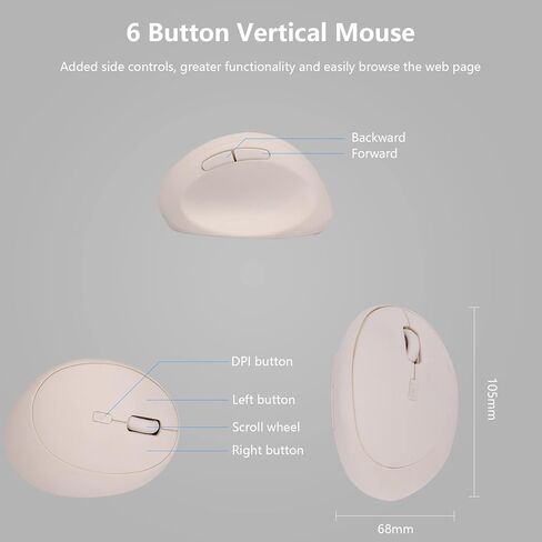 ماوس لاسلكي عمودي 2.4G، ماوس بصري مريح، 800 / 1200 /1600 نقطة في البوصة، 6 أزرار للكمبيوتر المحمول، سطح المكتب، الكمبيوتر الشخصي، الكمبيوتر، المكتب (أسود) in Kuwait