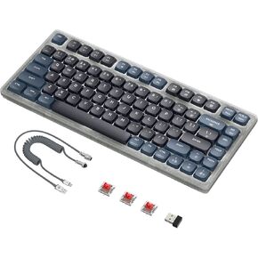 ATTACK SHARK Low Profile Mechanical Keyboard,75% TKL Wireless Keyboard with 83 PBT Keycaps,Tri-Modes BT5.0/2.4G/Custom Coiled Cable,White LED Backlit Keyboard for PC Mac Phone Tablet-Blue Switch