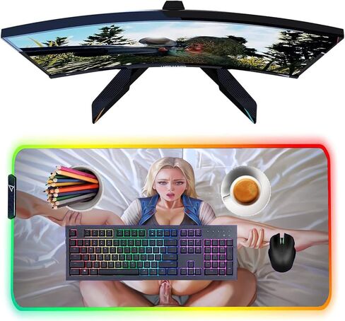 مثير أنيمي فتاة RGB LED الألعاب ماوس الوسادة كمبيوتر كبير ماوس لوحة المفاتيح الخلفية السجاد لوحة المفاتيح مكتب حصيرة مثير بعقب الثديين الصدر 35.43 بوصة × 15.74 بوصة -A1 in Saudi Arabia