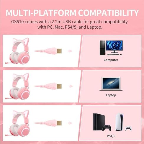 Dilwe Cat Ear Headset Gaming Headsets for PS5/ PS4/ PC, Cat Ear Headset PC Gaming Headphones with Mic 3 Sound Effects, RGB Lighting for Girls, Women, for PC PS4 Game Cellphone Laptop in Saudi Arabia
