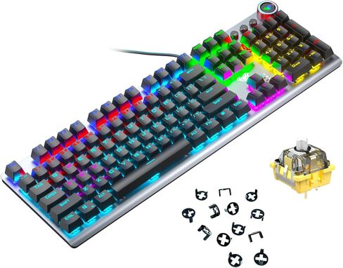 لوحة مفاتيح الألعاب الميكانيكية CC MALL، مع إضاءة خلفية رائعة للألعاب بألوان قوس قزح RGB LED، ومفتاح مزدوج باللونين الأزرق والبني، و104 مفاتيح مضادة للظلال، والتحكم في الوسائط المتعددة للكمبيوتر الشخصي والكمبيوتر المكتبي in Kuwait