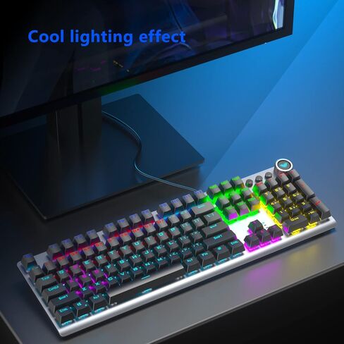 لوحة مفاتيح الألعاب الميكانيكية CC MALL، مع إضاءة خلفية رائعة للألعاب بألوان قوس قزح RGB LED، ومفتاح مزدوج باللونين الأزرق والبني، و104 مفاتيح مضادة للظلال، والتحكم في الوسائط المتعددة للكمبيوتر الشخصي والكمبيوتر المكتبي in Kuwait