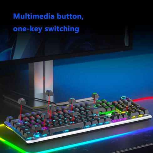 لوحة مفاتيح الألعاب الميكانيكية CC MALL، مع إضاءة خلفية رائعة للألعاب بألوان قوس قزح RGB LED، ومفتاح مزدوج باللونين الأزرق والبني، و104 مفاتيح مضادة للظلال، والتحكم في الوسائط المتعددة للكمبيوتر الشخصي والكمبيوتر المكتبي in Kuwait