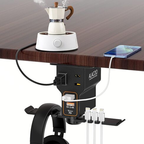 Headphone Stand with USB Charger /1 Type-c/2 2-Prong AC Outlet Power Strips/3 Under Desk Headset Holder Mount Suitable for Gamers Gifts Desk Gaming Accessories in Saudi Arabia