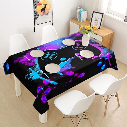 Gamer Tablecloth Gaming Gamepad Joystick Table Cloth لغرفة الطعام والمطبخ جولة 55 "لعبة الجدة قرص العسل تحكم غطاء الطاولة لمطعم مأدبة الأزرق الأرجواني خلية النحل ديكور سطح الطاولة in Saudi Arabia