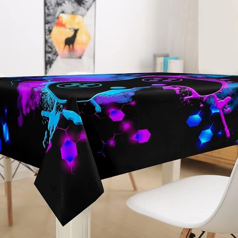 Gamer Tablecloth Gaming Gamepad Joystick Table Cloth لغرفة الطعام والمطبخ جولة 55 "لعبة الجدة قرص العسل تحكم غطاء الطاولة لمطعم مأدبة الأزرق الأرجواني خلية النحل ديكور سطح الطاولة in Saudi Arabia