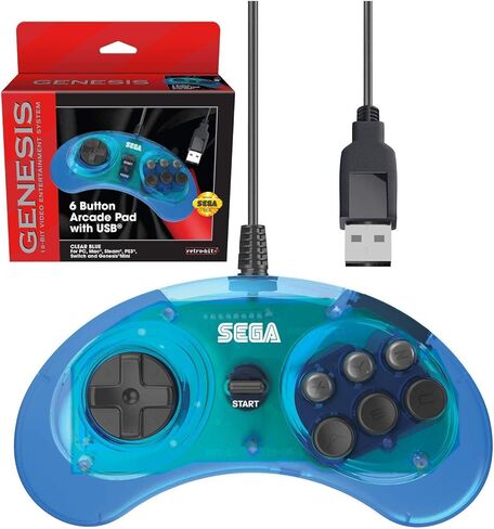 وحدة تحكم USB رسمية من Retro-Bit Sega Genesis USB مزودة بـ 6 أزرار لـ Sega Genesis Mini وPS3 وPC وMac وSteam وSwitch - منفذ USB - (أزرق شفاف) in Kuwait