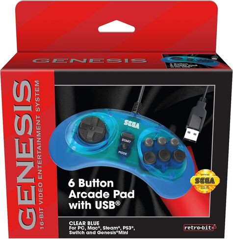 وحدة تحكم USB رسمية من Retro-Bit Sega Genesis USB مزودة بـ 6 أزرار لـ Sega Genesis Mini وPS3 وPC وMac وSteam وSwitch - منفذ USB - (أزرق شفاف) in Kuwait