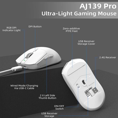MANBASNAKE AJ139 PRO White Wireless Gaming Mouse,Ultra-Lightweight 59G,PAW3395 26K Sensor,26,000 DPI,6 Programmable Buttons,Long Battery Life,Compatible with PC/Mac,Esports & FPS Gaming in Kuwait