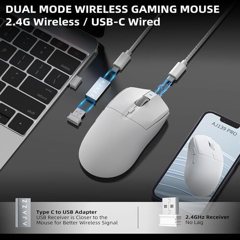 MANBASNAKE AJ139 PRO White Wireless Gaming Mouse,Ultra-Lightweight 59G,PAW3395 26K Sensor,26,000 DPI,6 Programmable Buttons,Long Battery Life,Compatible with PC/Mac,Esports & FPS Gaming in Kuwait