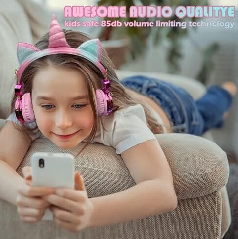 Unicorn Wireless Headphones for Kids,Cat Ear Bluetooth 5.0 Over Ear Headphones with Microphone for Cellphone/iPad/Laptop/PC/TV/PS4/Xbox One, Foldable Gaming Headset for Girls Teens Gift (Blue) … in Kuwait