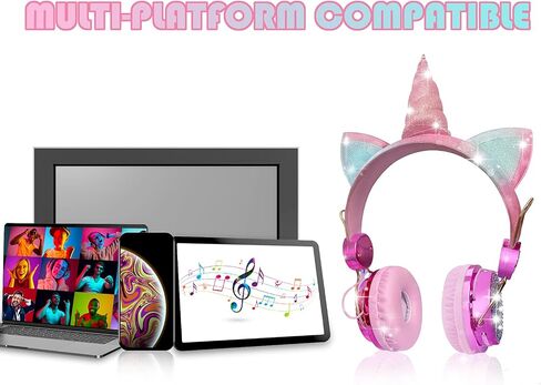 Unicorn Wireless Headphones for Kids,Cat Ear Bluetooth 5.0 Over Ear Headphones with Microphone for Cellphone/iPad/Laptop/PC/TV/PS4/Xbox One, Foldable Gaming Headset for Girls Teens Gift (Blue) … in Kuwait