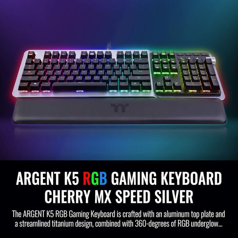 لوحة مفاتيح للألعاب من ثيرمال تاك أرجينت K5 RGB (فضية سويتش )، تصميم من الألومنيوم والتيتانيوم الانسيابي، 16.8 مليون لون RGB ، مضادة للتجوح، مسند معصم جلد صناعي مغناطيسي، GKB-KB5-SSSRUS-01 in Kuwait